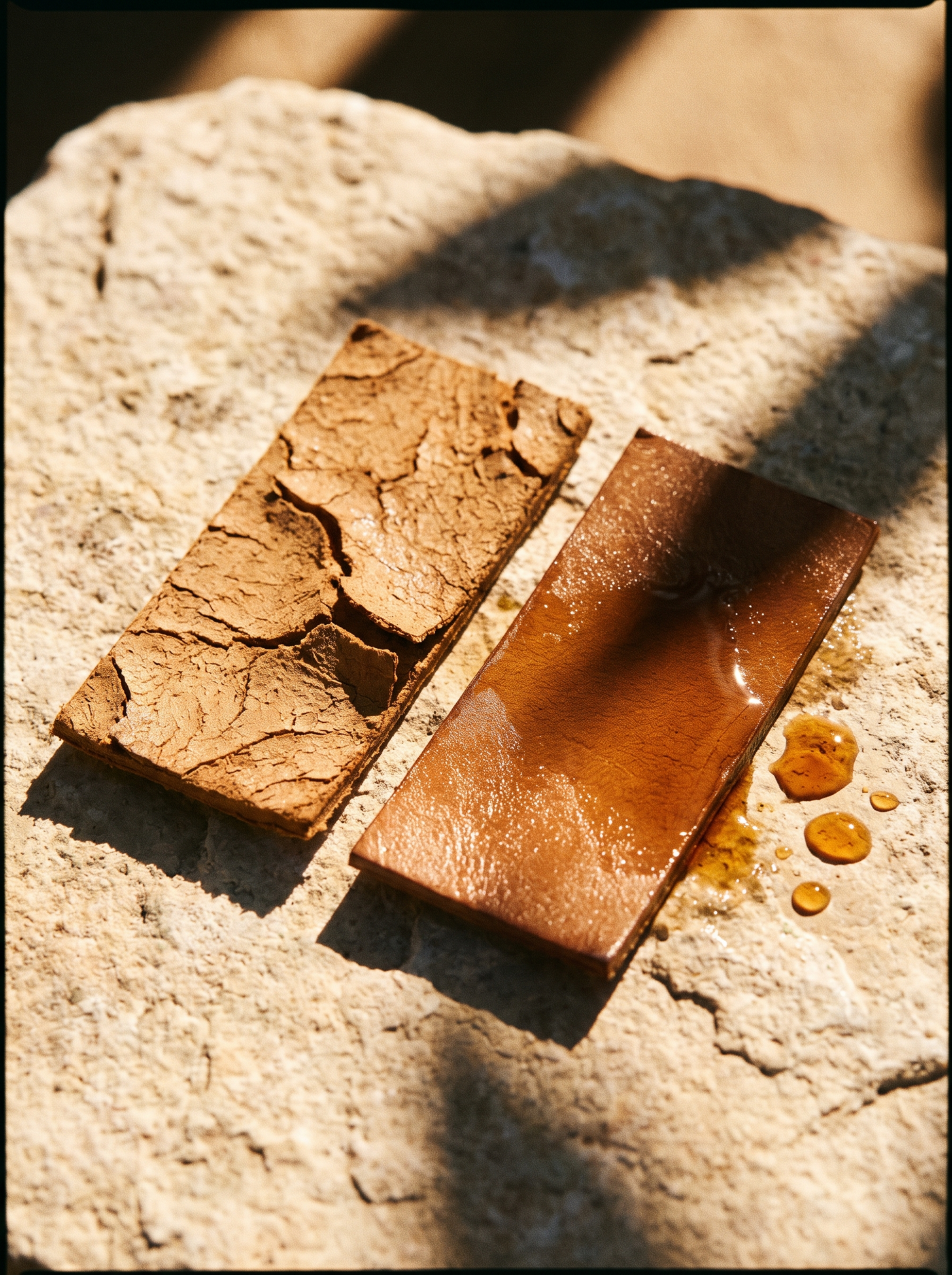 The same leather, months apart. One was polished. One was fed. Skin after 50 makes the same distinction — whether we do or not.