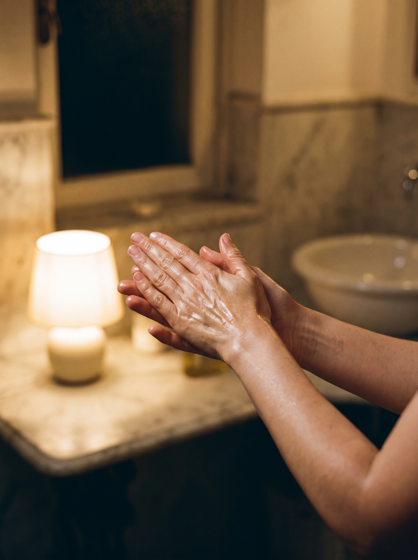 The ritual takes two minutes. Warm in the palms, work upward. Morning and night. Nothing else.