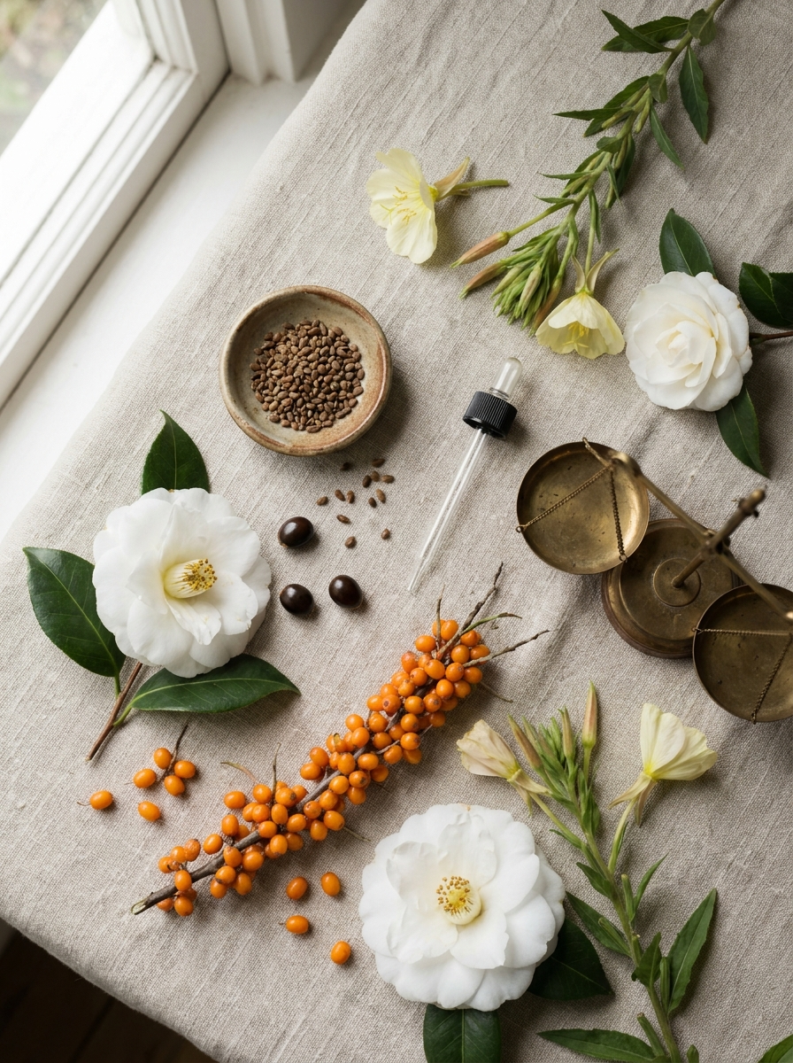 Four plants, three jobs: bakuchiol to wake, camellia to shield and carry, sea buckthorn and evening primrose to rebuild what the hormonal drop stripped out.