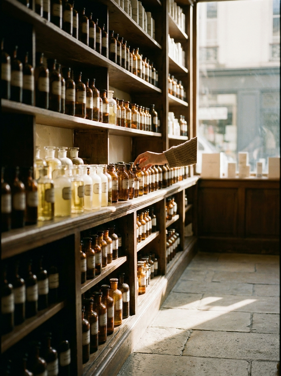 The body aisle in a French pharmacy. Oils outnumber lotions many times over — a tradition, not a trend.