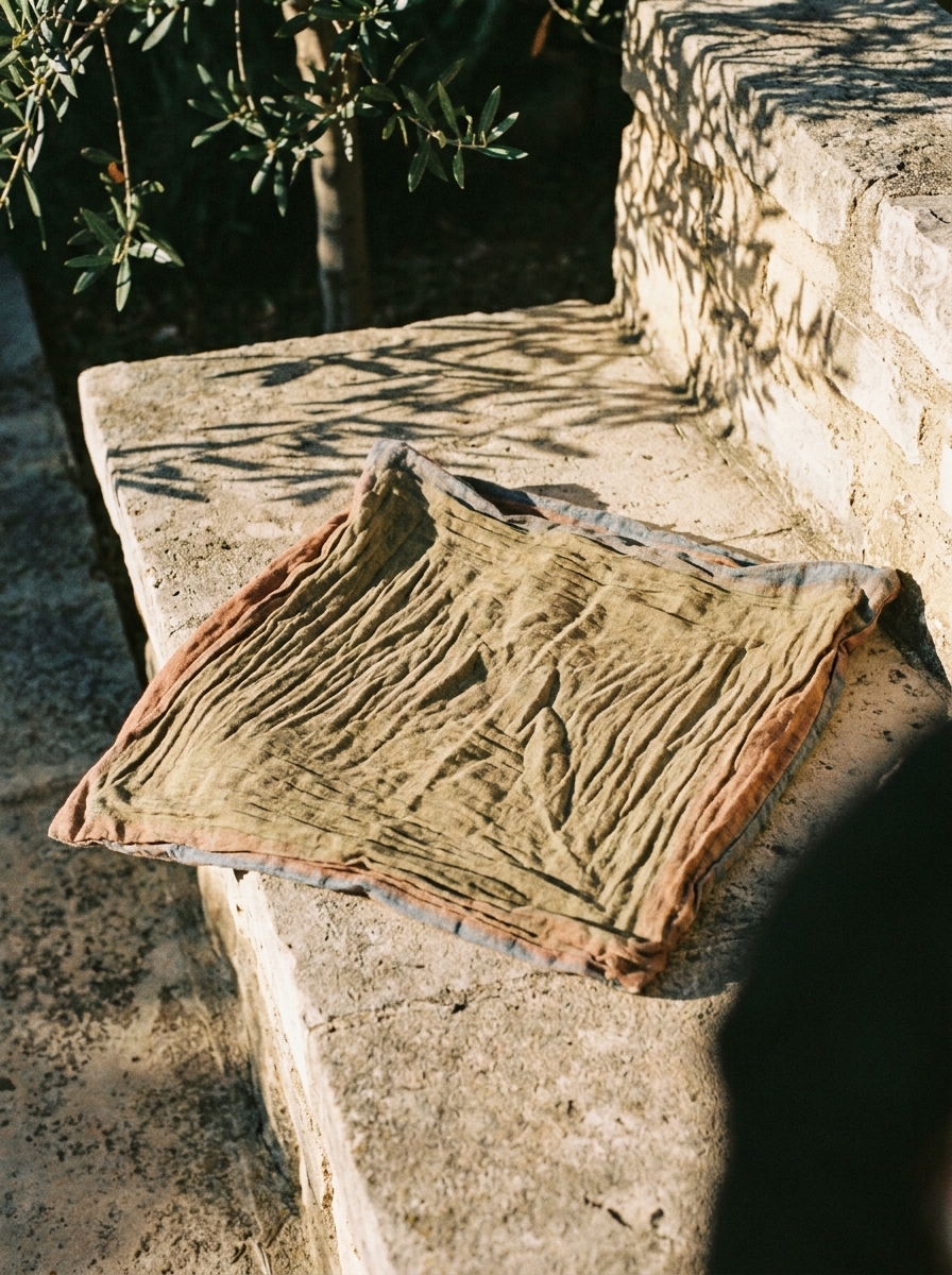 Anne's kitchen-table explanation: the cover didn't wear out. The cushion inside it thinned. Fabric with nothing behind it crinkles.