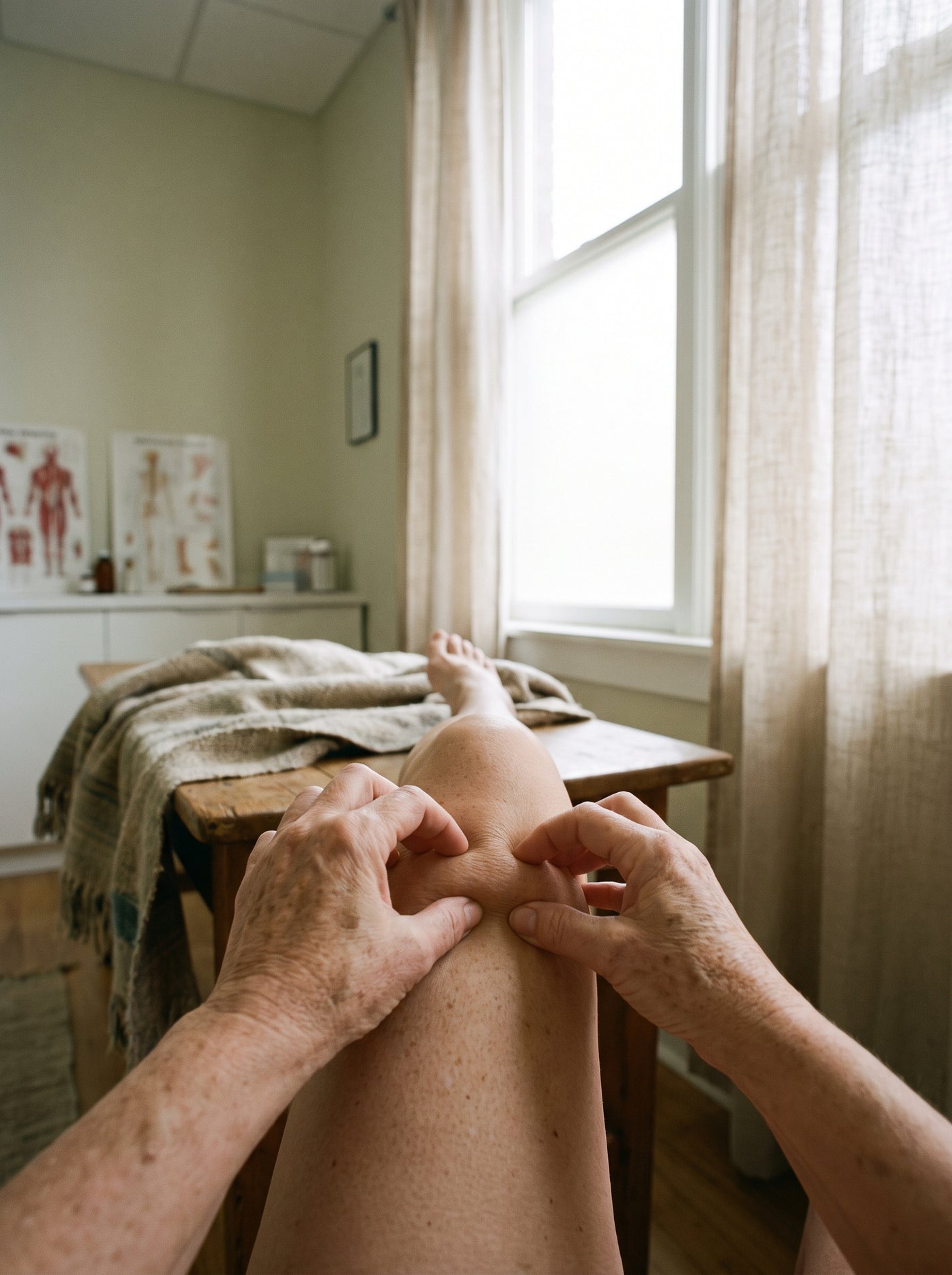 The pinch above the knee: on collapsed skin the fold lingers four seconds or more before it slowly sinks flat. On skin with a cushion beneath it, the fold springs back in under two.