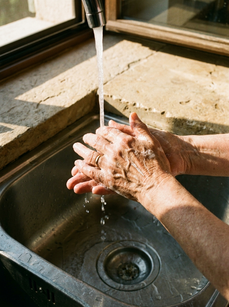 A dozen washes a day, and every one strips the film of oil the skin makes to protect itself. The face gets the ritual. The hands get the water.