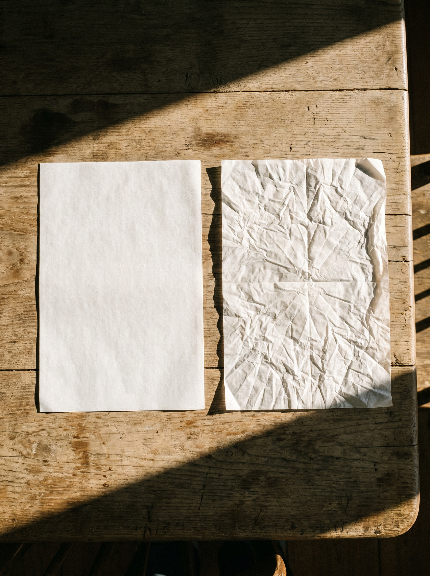 The same sheet, before and after it loses what's behind it. Crepey skin is not damaged skin — it's un-backed skin.