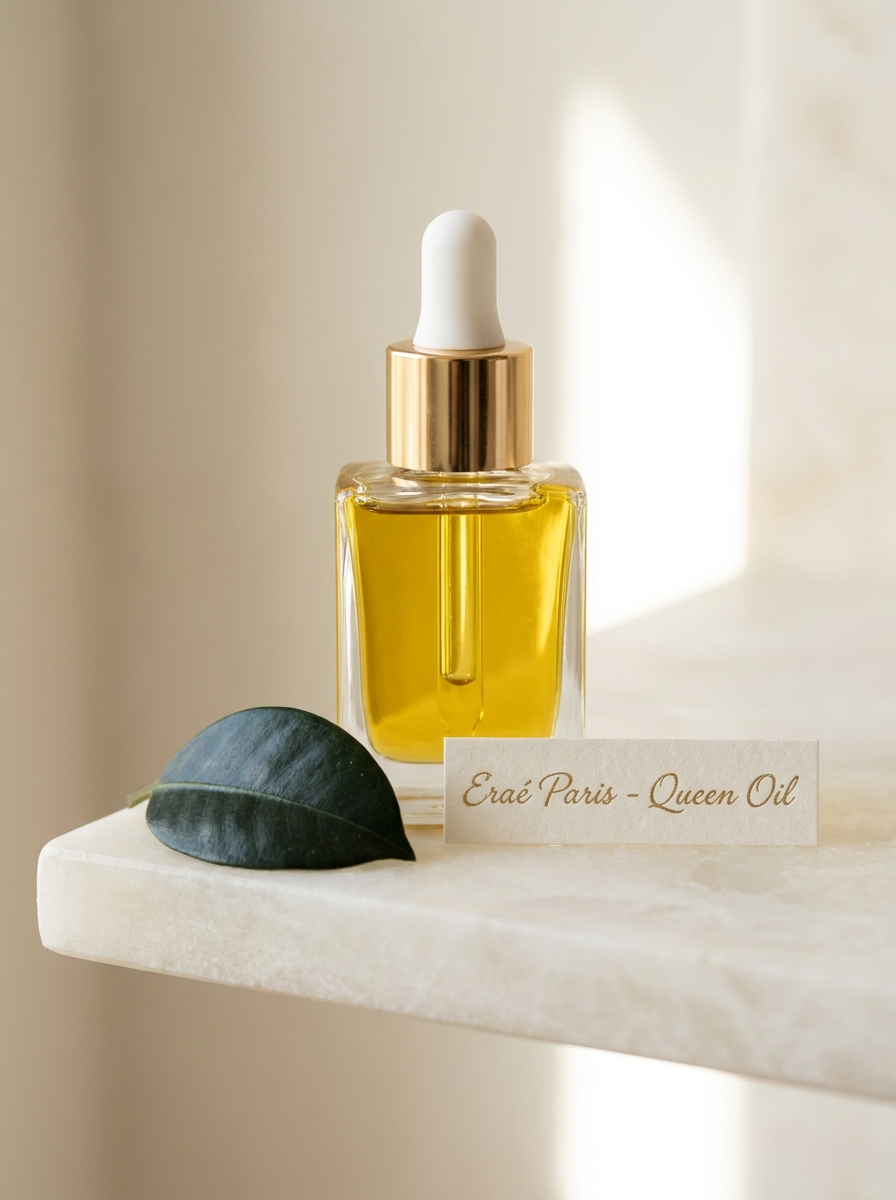 The Eraé Queen Oil: a highly concentrated botanical lipid treatment cold-pressed in small batches in southwestern France to preserve the molecular integrity of its four hero ingredients.