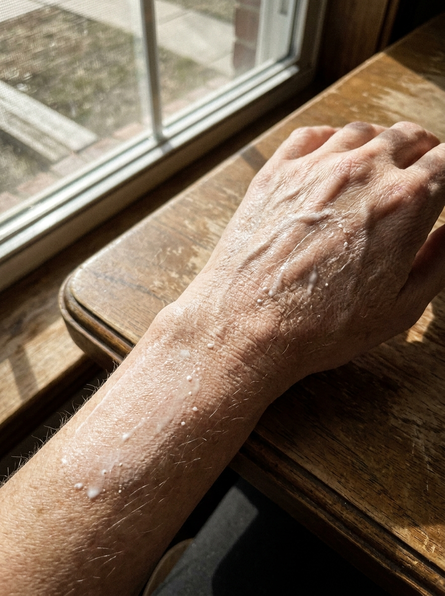 The tell: it beads, it sits, it evaporates. Water on a barrier that ran out of oil.