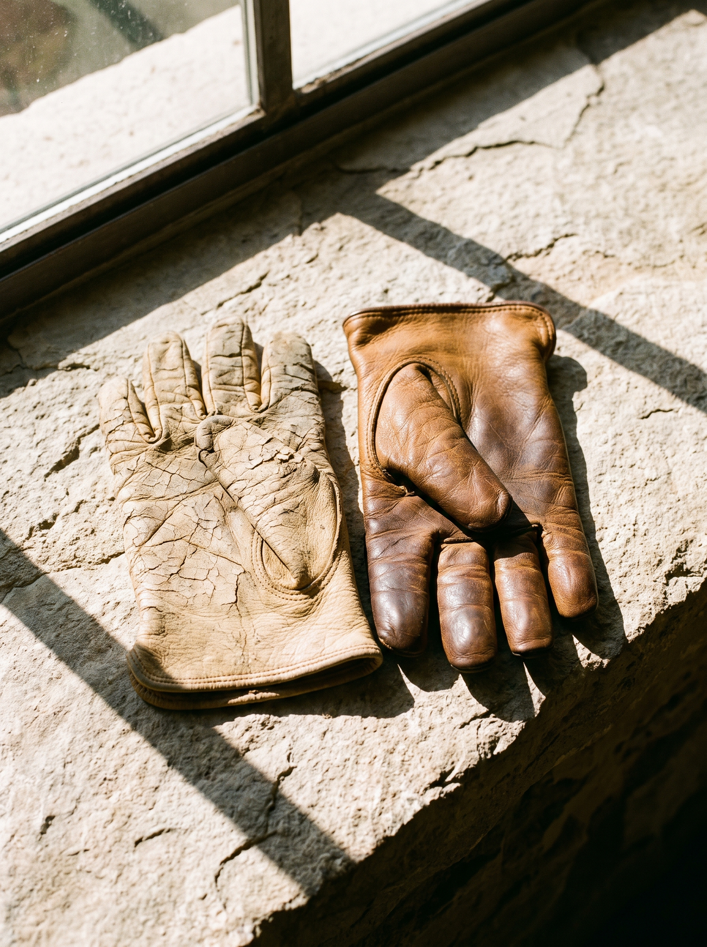 Same leather, same age, one difference: one was coated, one was fed. Skin lipids work the same way — a film sits on top; food changes the material.