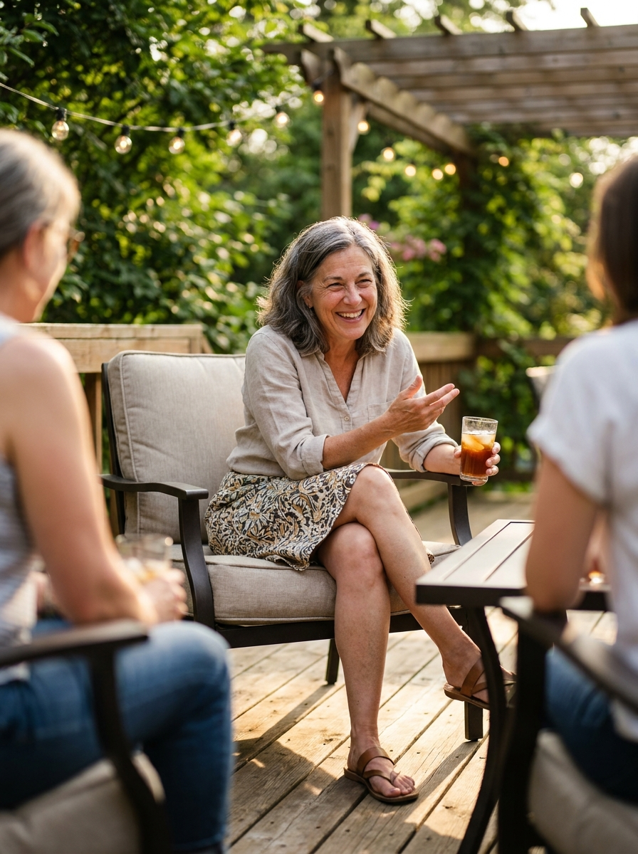Week fourteen: seated in patio light without the seated-angle math. She said she never decided to wear the skirt — that was the point.
