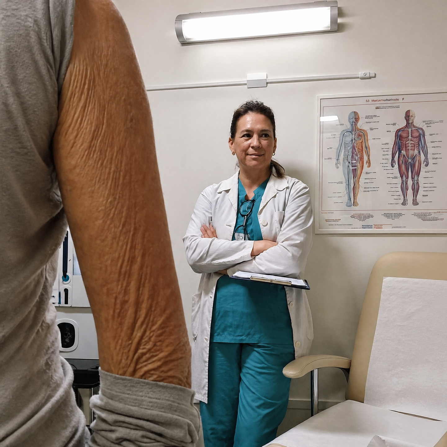 Woman in her 50s after rapid weight loss on a GLP-1 medication, holding new clothes she bought to celebrate, her bare arm visible in the bedroom mirror