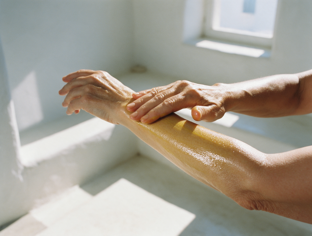 oil gliding the length of a forearm, hands only