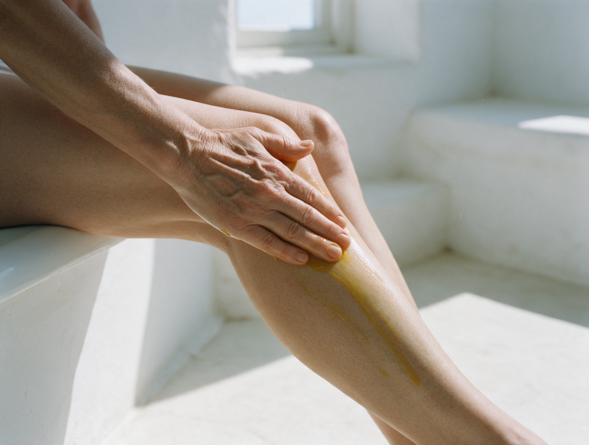 oil gliding a shin and knee, hands only