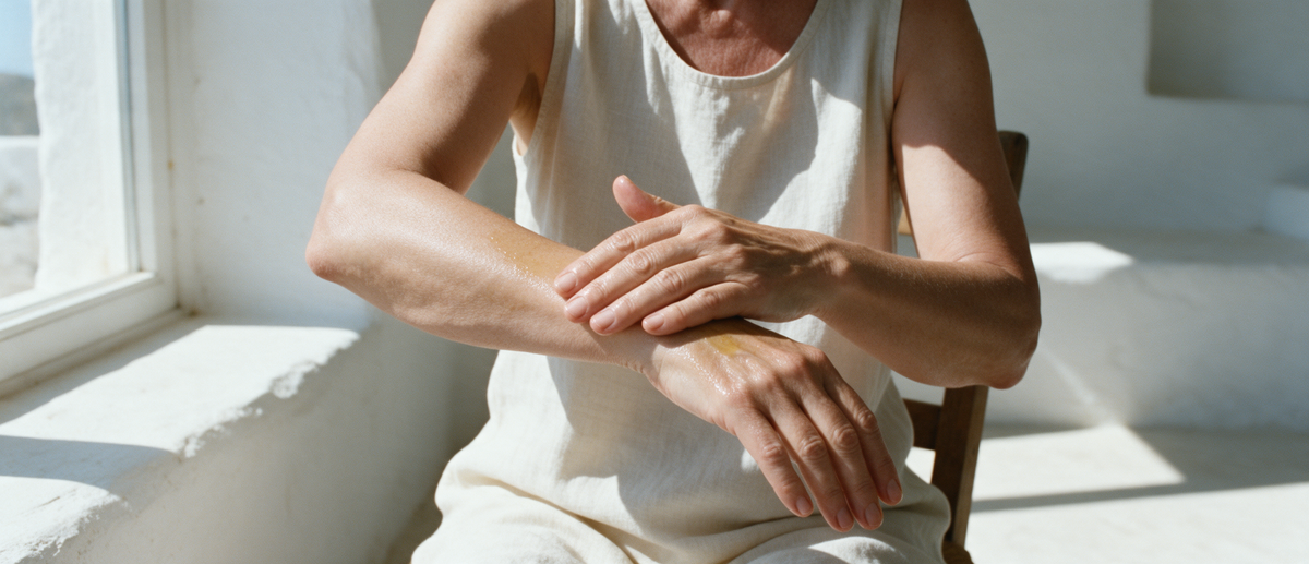 a hand resting on her own forearm